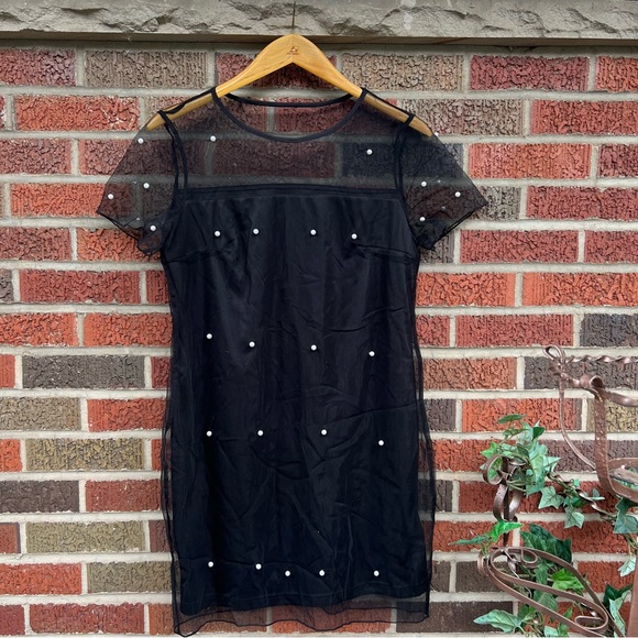 SHEIN Black Mesh and Pearl Embroidered Short Sleeve Layered Bodycon Dress - Picture 3 of 4